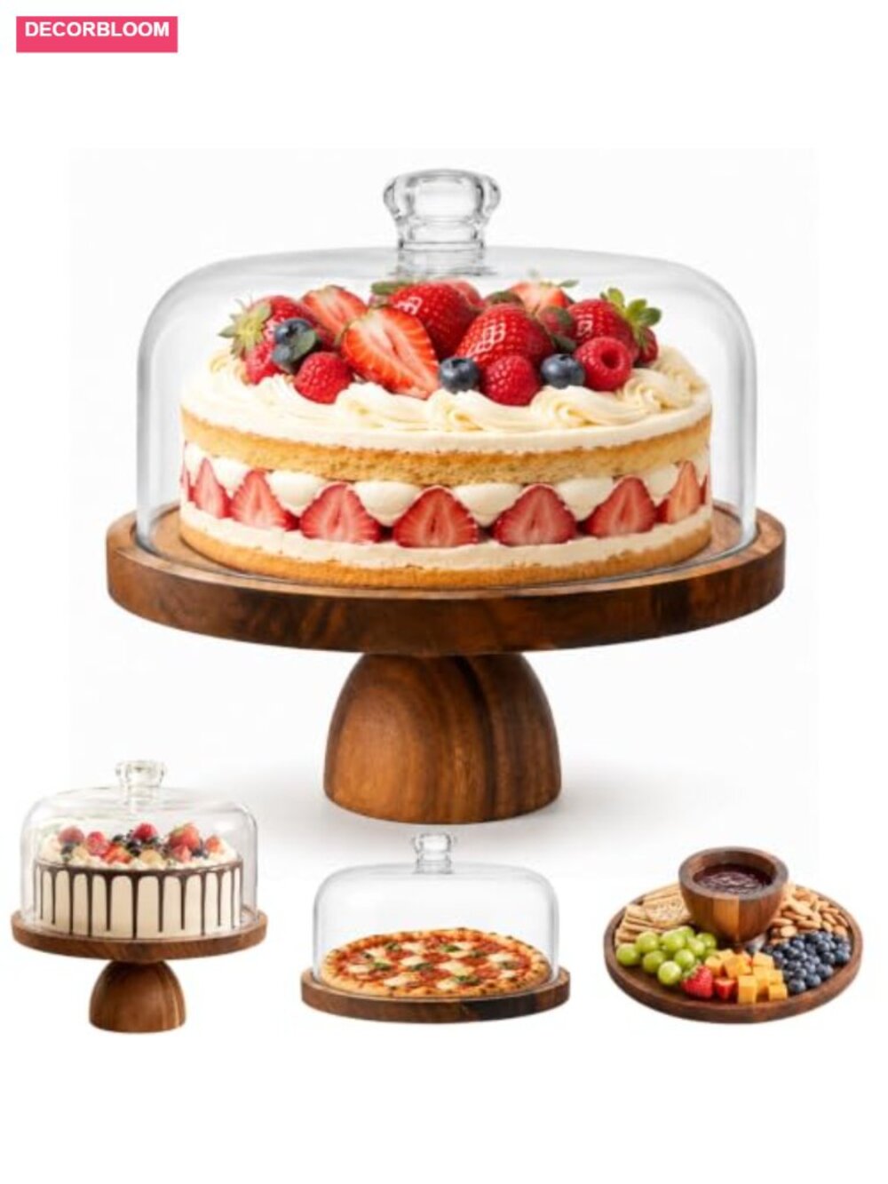 Wooden Cake Stand with Clear Dome 11.8'' 2-in-1 Dessert Display & Serving Tray